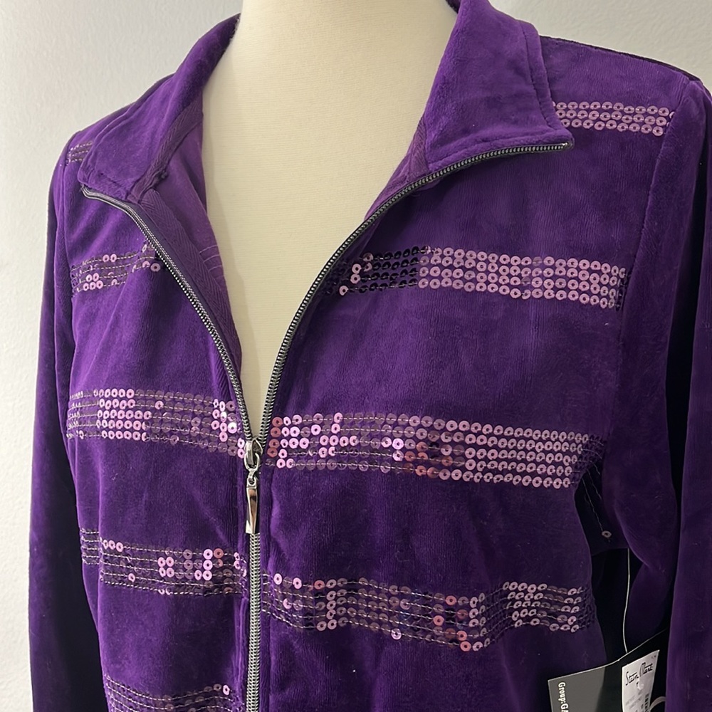 New Onque Casual Medium Purple Glam Velour Zip Up Sweatshirt with Pockets - Picture 9 of 12